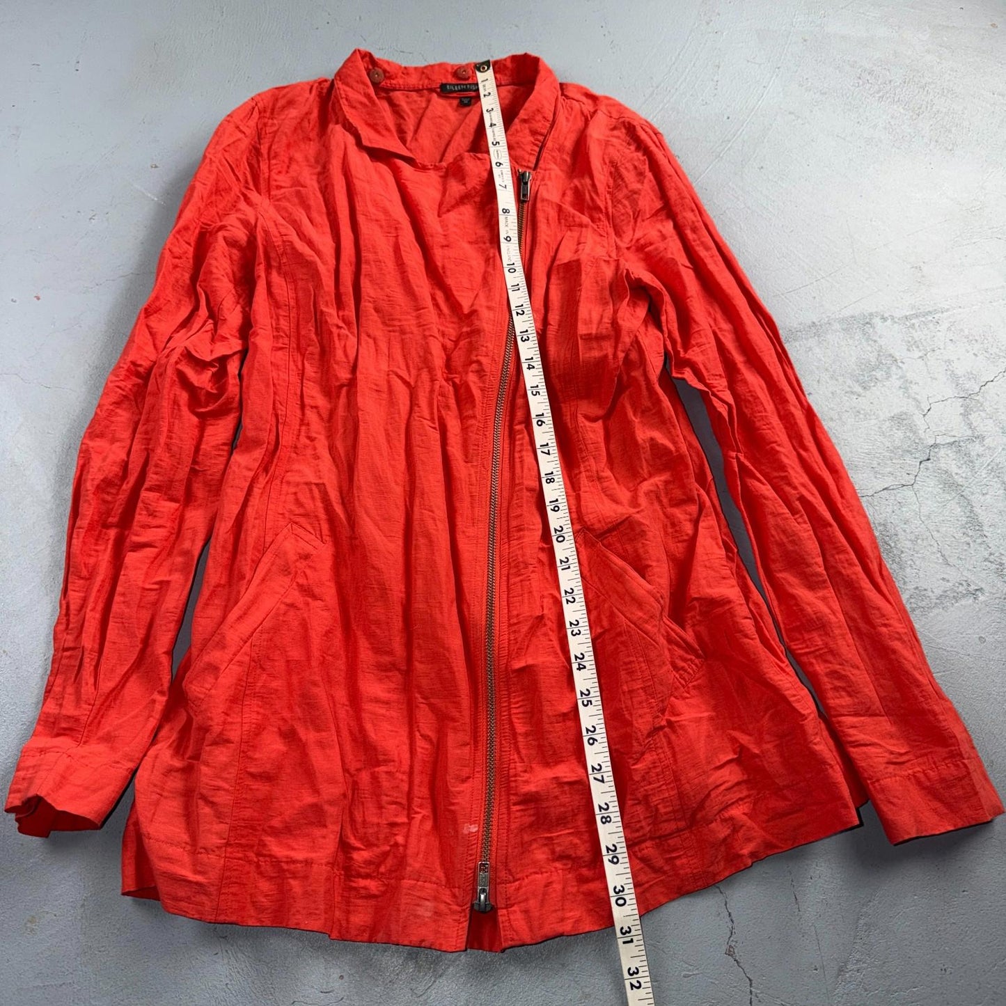 Eileen Fisher Cotton Coral Crinkle Asymmetrical Mock Neck Jacket Size Medium