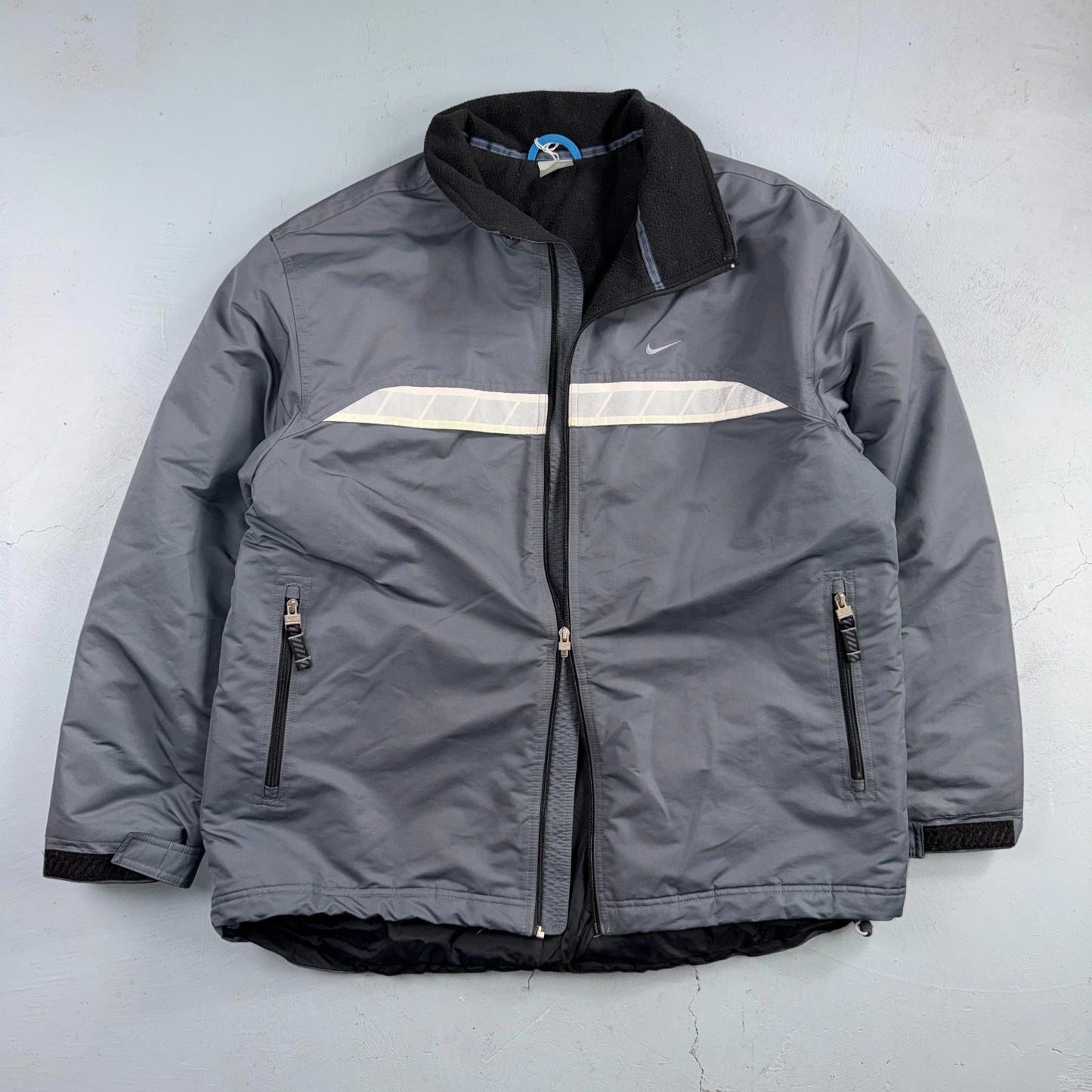 Nike VTG Jacket L Grey Nylon Softshell Fleece Coat 3M Y2K 2000s Waist Elastic