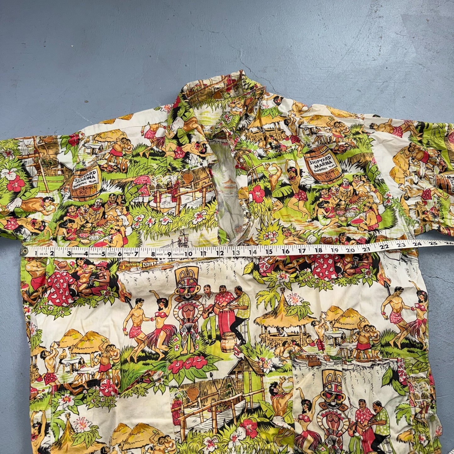 VTG 50s Hawaiian Aloha Shirt Dance Rockabilly Novelty Print Pinup Pin Up Girls