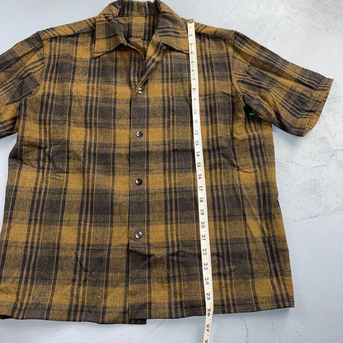 VTG 50s Brown Mustard Plaid Loop Collar Camp Shirt Rockabilly Atomic Shadow Wool