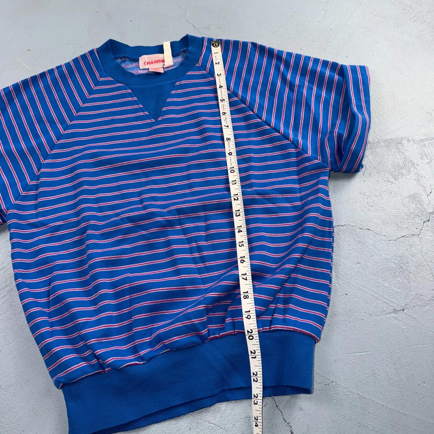 Charisma Striped Pullover Sweater Blue Aqua Ski Short Sleeve 1980s Euro VTG