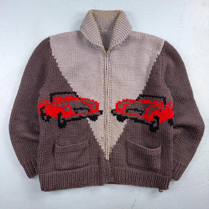 VTG 1950s Hand Knit Wool Cowichan Cardigan Sweater Jacket Race Cars Medium RARE