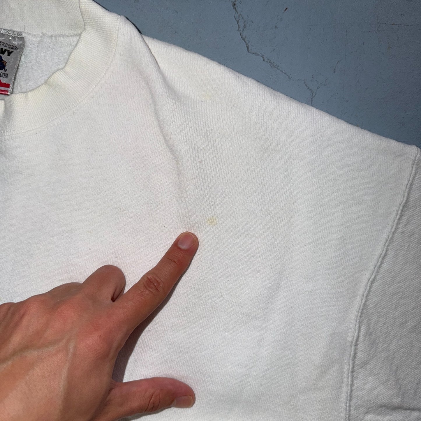 VTG Blank White Sweatshirt Fruit Of The Loom Heavy USA Made XL Flag Crewneck