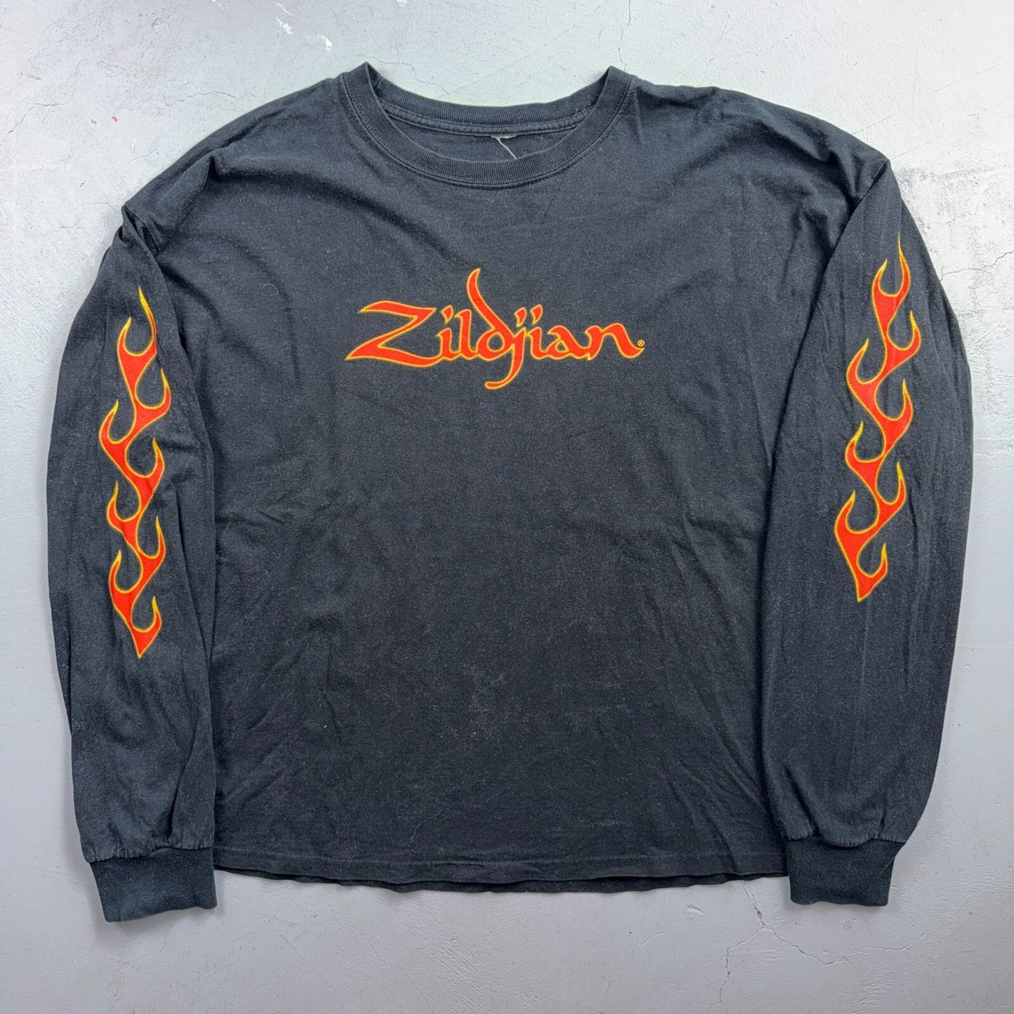 VTG Y2K Zildjian Long Sleeve T Shirt Flame Sleeve Print Drums Music Faded Band