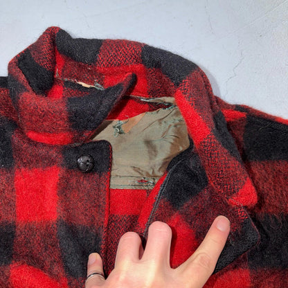 VTG 1950s Wool Buffalo Plaid Mackinaw Heavy Jacket Button Up Mohair Rockabilly