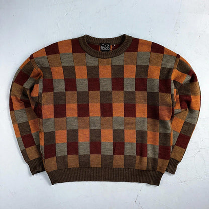 Jos A Bank VTG Mens L Pure Merino Wool Sweater Italy Checkboard 80s Patchwork