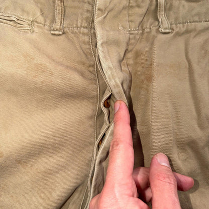 VTG 40s WWII Button Fly Cotton Military Trousers Chino Khaki Distressed 28x31