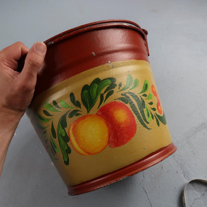 VTG Hand Painted Peaches Metal Bucket W Handle Galvanized Tub Garden Folk Art
