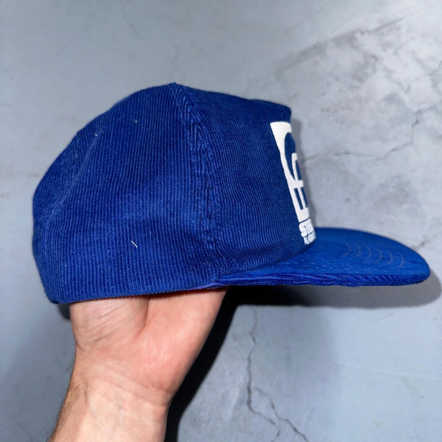 Steel Fab Blue Corduroy VTG Hat Cap Snapback Alaska USA Trucker Ocean Cool