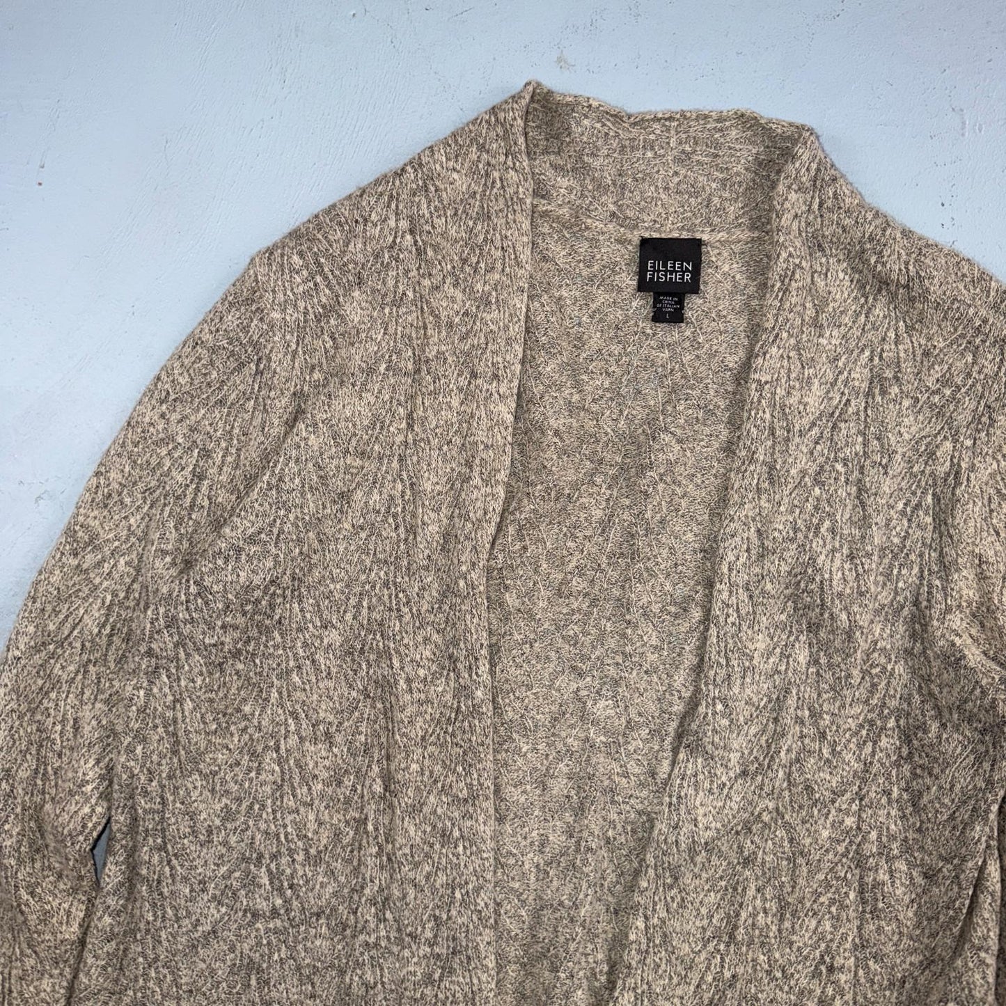 Eileen Fisher Womens Cardigan Sz Large Beige Black Loose Knit Linen Wool