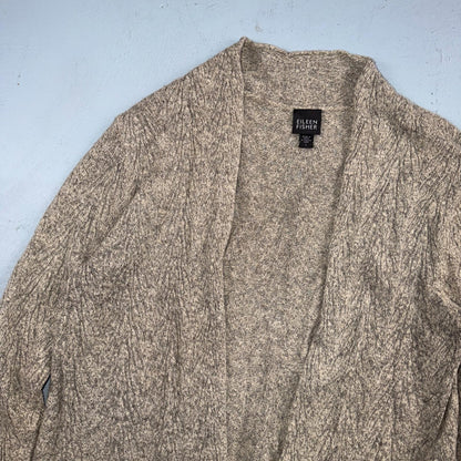 Eileen Fisher Womens Cardigan Sz Large Beige Black Loose Knit Linen Wool