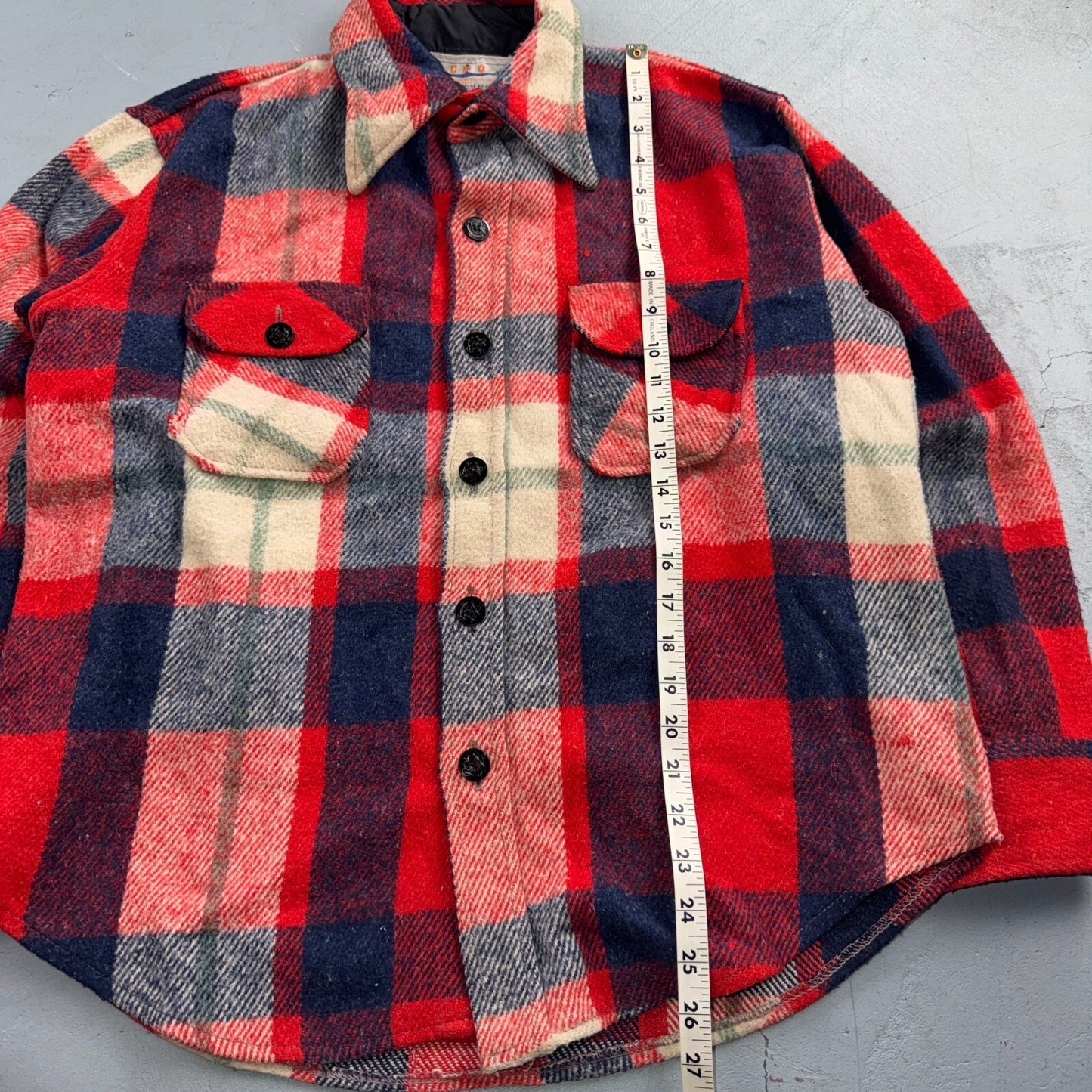 Vintage 70s Sport King CPO Shirt Jacket Mens Large Red Blue Wool Plaid Navy USN