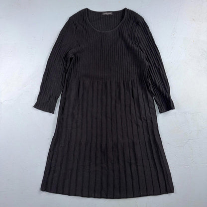 Eileen Fisher Wool Knit Ribbed and Pleated Black Shift Dress Cute Classy