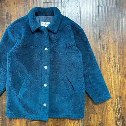Vintage LL Bean Made In USA Womens Button Up Fuzzy Fleece Blue Jacket Med