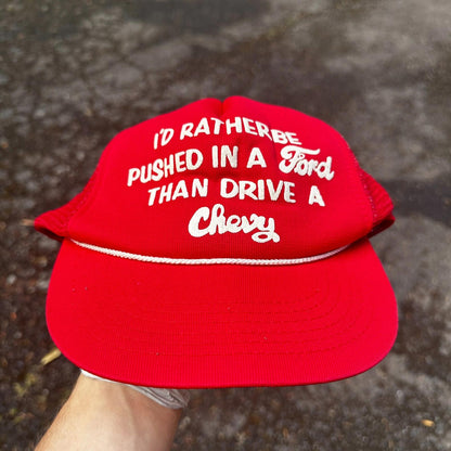 Vtg I'd Rather Push A Chevy Than Drive A Ford Mesh Snap Back Trucker Hat USA