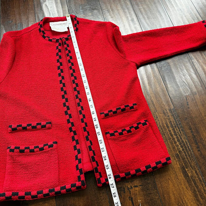 VTG Castleberry Womens Knit Cardigan Blazer Jacket Red Checkerboard Cute Grandma