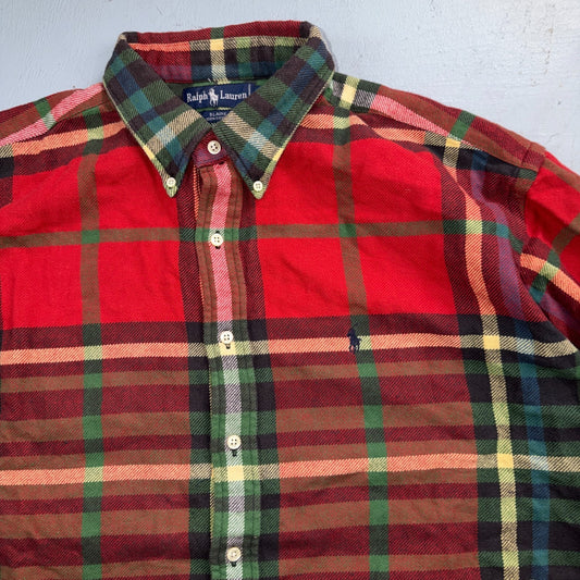 Ralph Lauren Blaire Red Green Plaid Flannel Button Down Shirt Mens XL Cotton 90s