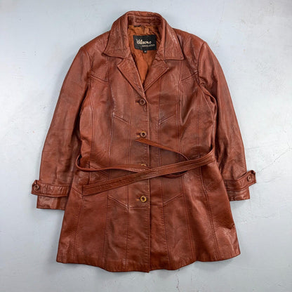 VTG Wilsons Women's Brown 100% Leather Jacket Trench Car Coat Belted 80s 90s