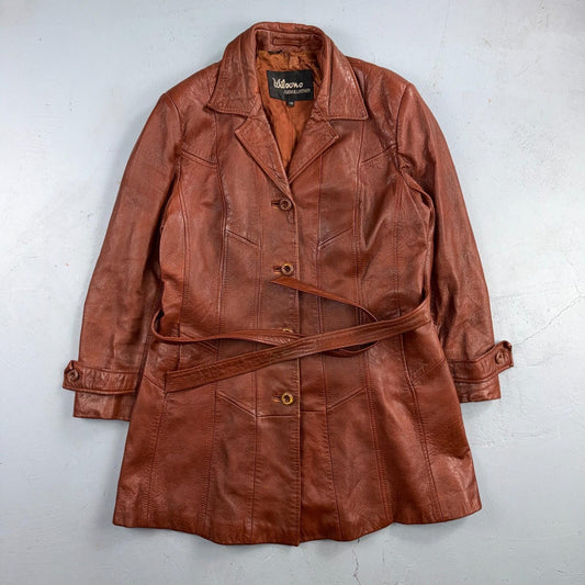 VTG Wilsons Women's Brown 100% Leather Jacket Trench Car Coat Belted 80s 90s
