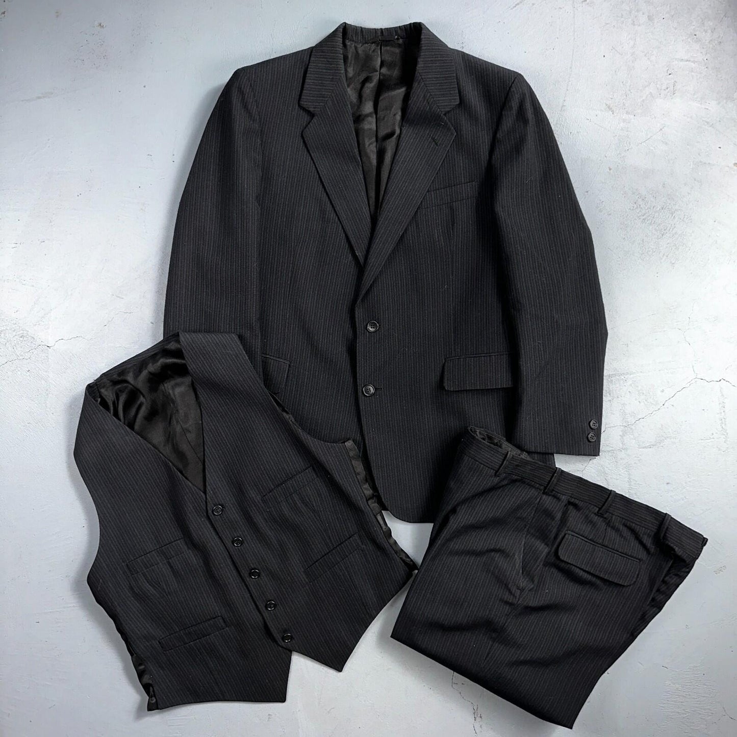VTG Mens 3 PC Suit 42 Jacket Coat Pants Black Vest Rockabilly 70s American Trend