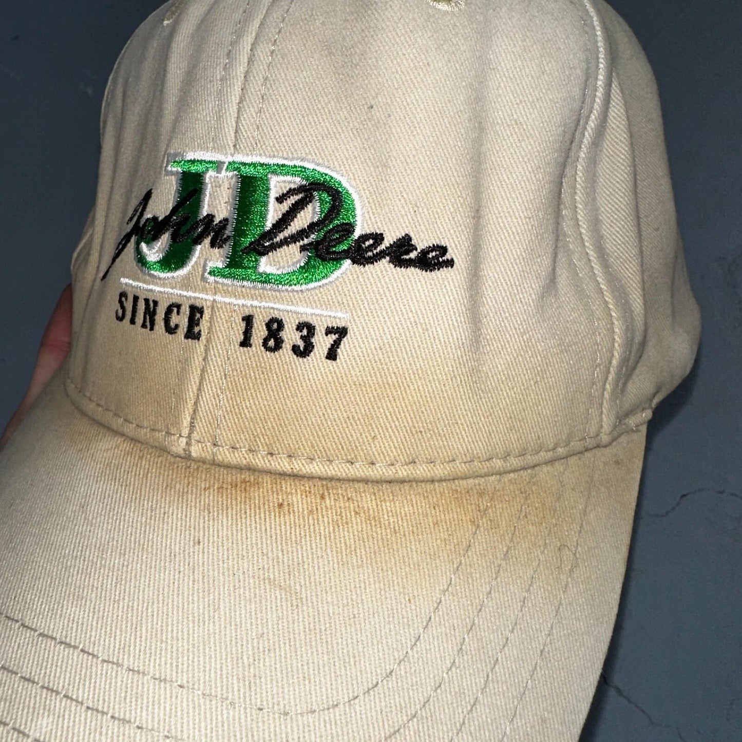John Deere VTG Hat Cap Snapback Yellow Stained Tractor Fun Farmer Used