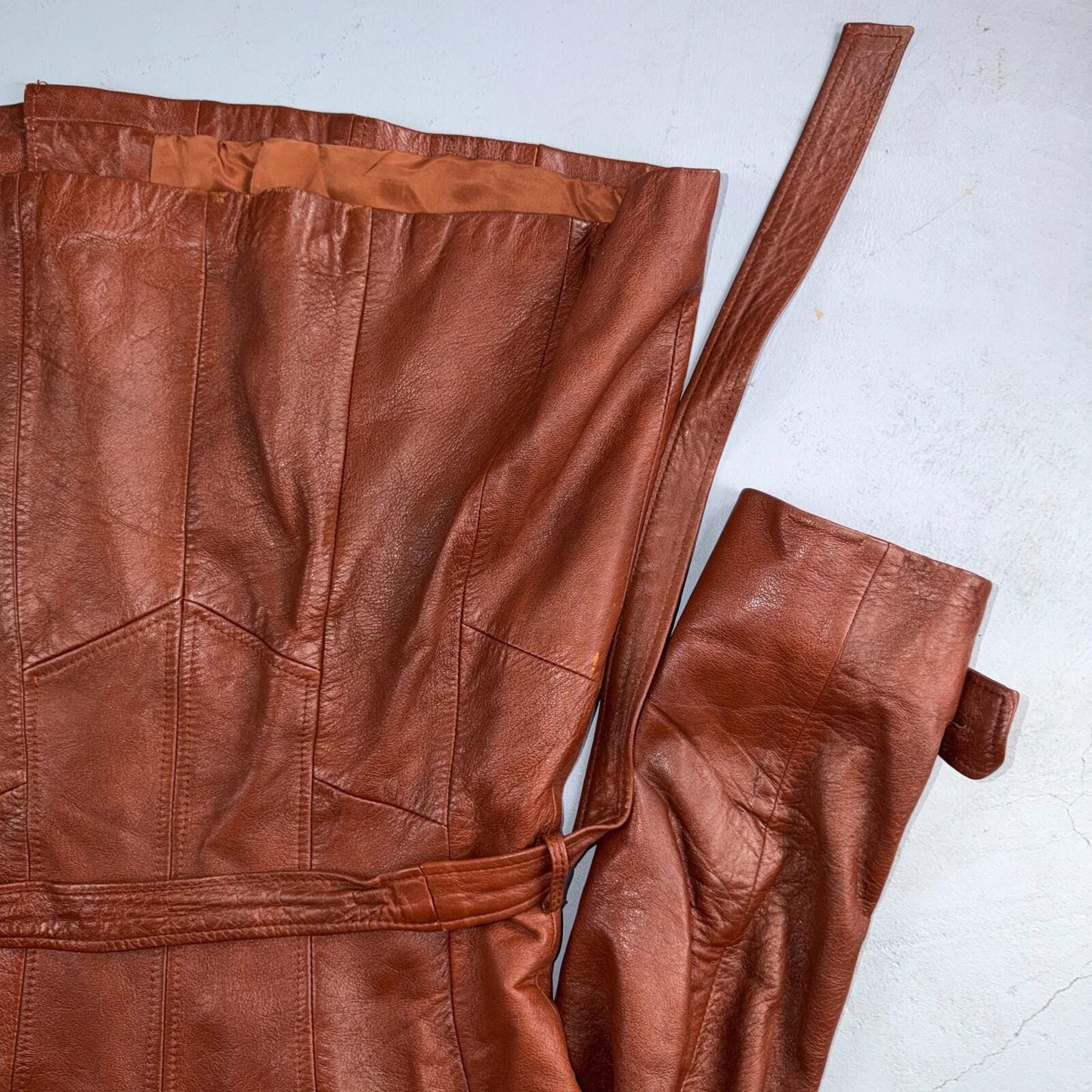 VTG Wilsons Women's Brown 100% Leather Jacket Trench Car Coat Belted 80s 90s