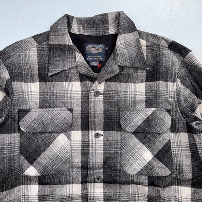 Pendleton Board Shirt Gray Black Plaid Wool Flannel USA Fabric Loop Collar M