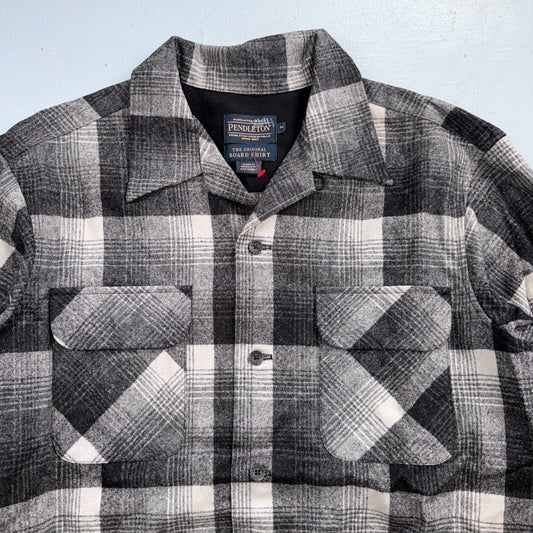 Pendleton Board Shirt Gray Black Plaid Wool Flannel USA Fabric Loop Collar M