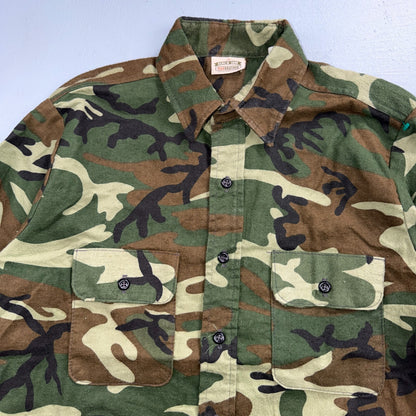 VTG 90s Five Brother Camo Flannel Shirt Cotton Poly Made USA Men's Medium