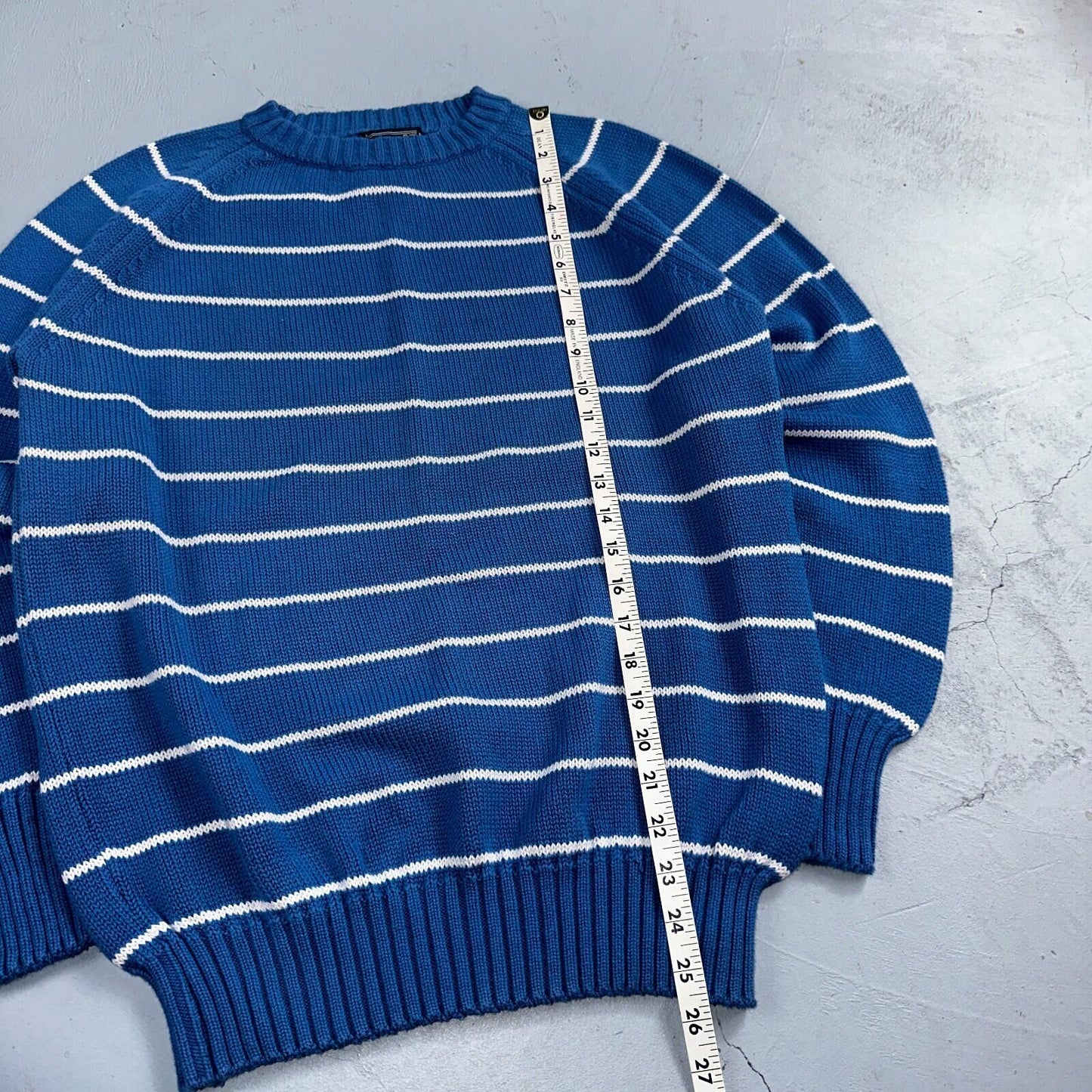Vintage Preswick & Moore Cotton Blue Knit Crewneck Sweater Striped Chic