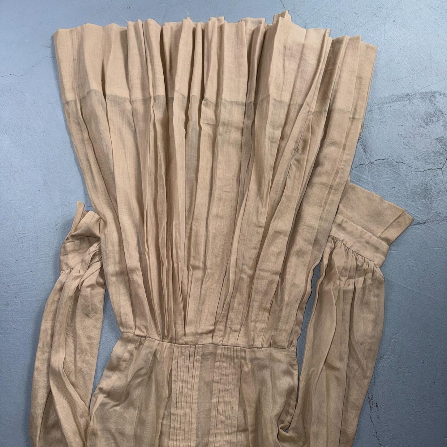Vintage 1970s Shirtwaist Dress Beige Pleated Skirt Long Sleeve Belted Cute 70s