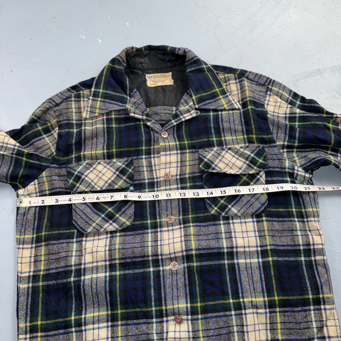 VTG 70s Penneys Towncraft Loop Collar Wool Plaid Shirt Camp Board Rockabilly