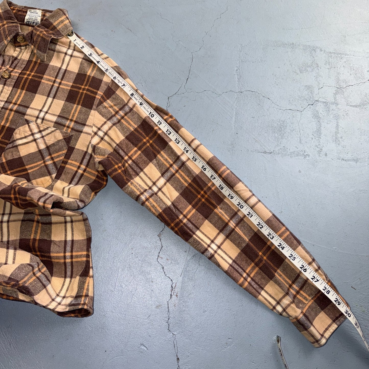 VTG 70s Big Mac Penneys Plaid Flannel Shirt Brown Tan Cotton Tall M USA Made