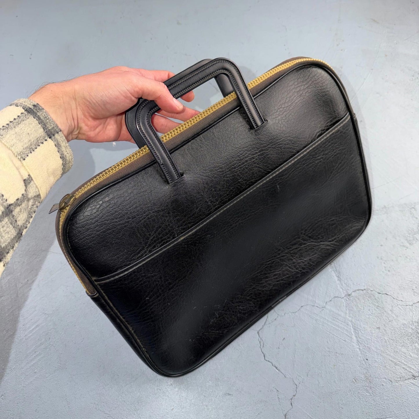 VTG Soft Faux Leather Briefcase Black Zipper Handle Scovill 80s 90s Rare Case
