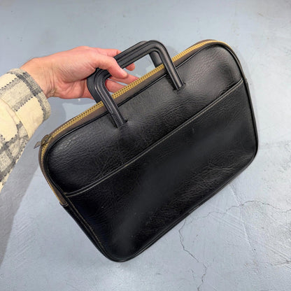 VTG Soft Faux Leather Briefcase Black Zipper Handle Scovill 80s 90s Rare Case