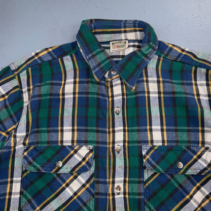 VTG 90s Five Brother Green Blue Plaid Heavy Flannel Work Shirt Grunge Men's L