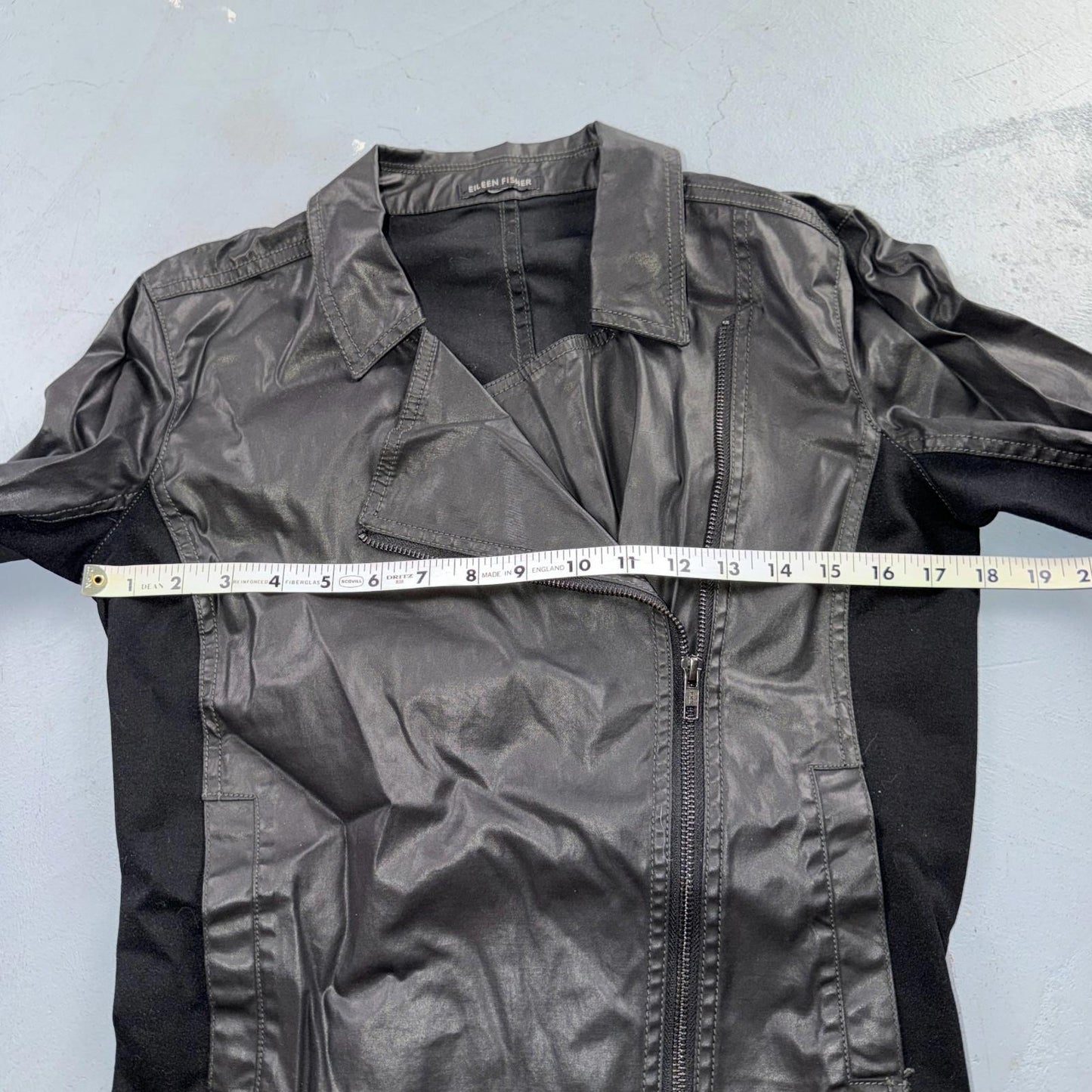Eileen Fisher Jacket Womens XS Black Asymmetric Moto Zip Coat Cotton Blend