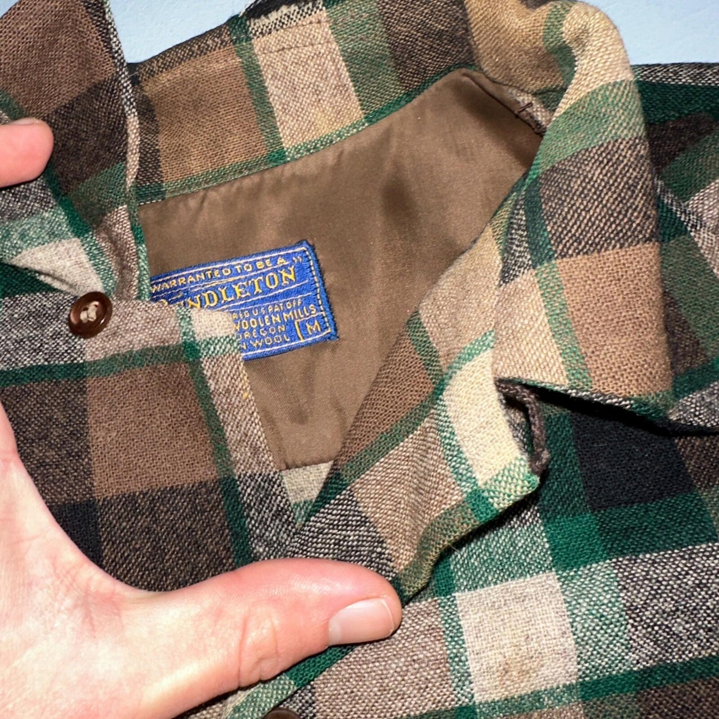 Pendleton 1950s Loop Collar Board Shirt Wool Plaid Flannel Shirt Brown Green VTG