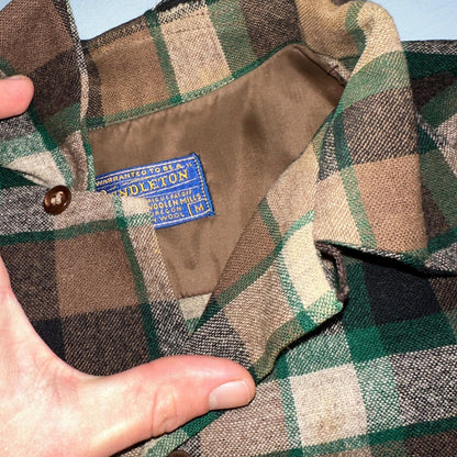 Pendleton 1950s Loop Collar Board Shirt Wool Plaid Flannel Shirt Brown Green VTG