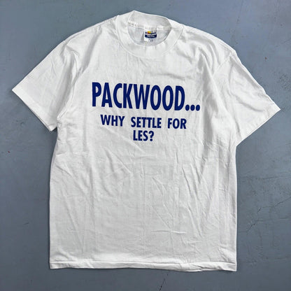 Hanes 80s Packwood VTG T Shirt Why Settle Funny Single Stitch Graphic Text Humor