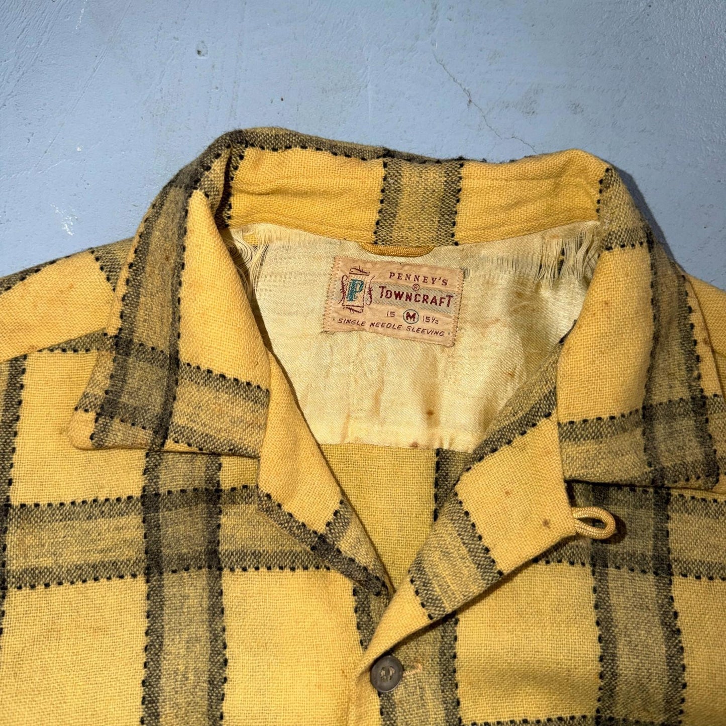 Penneys VTG Towncraft Flannel Shirt Mens M Loop Collar Plaid 50s Rockabilly Wool