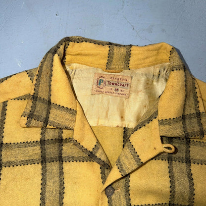 Penneys VTG Towncraft Flannel Shirt Mens M Loop Collar Plaid 50s Rockabilly Wool