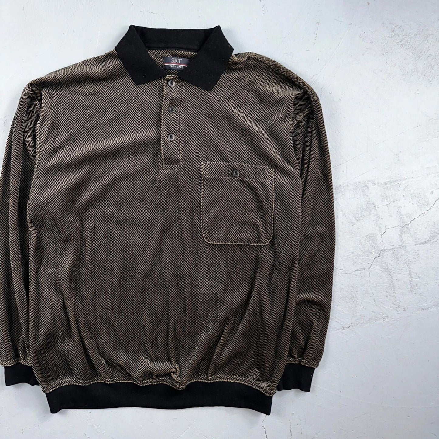 SRT Herringbone Mens Shirt Size L Gray Long Sleeve Henley VTG Golf Polo 90s