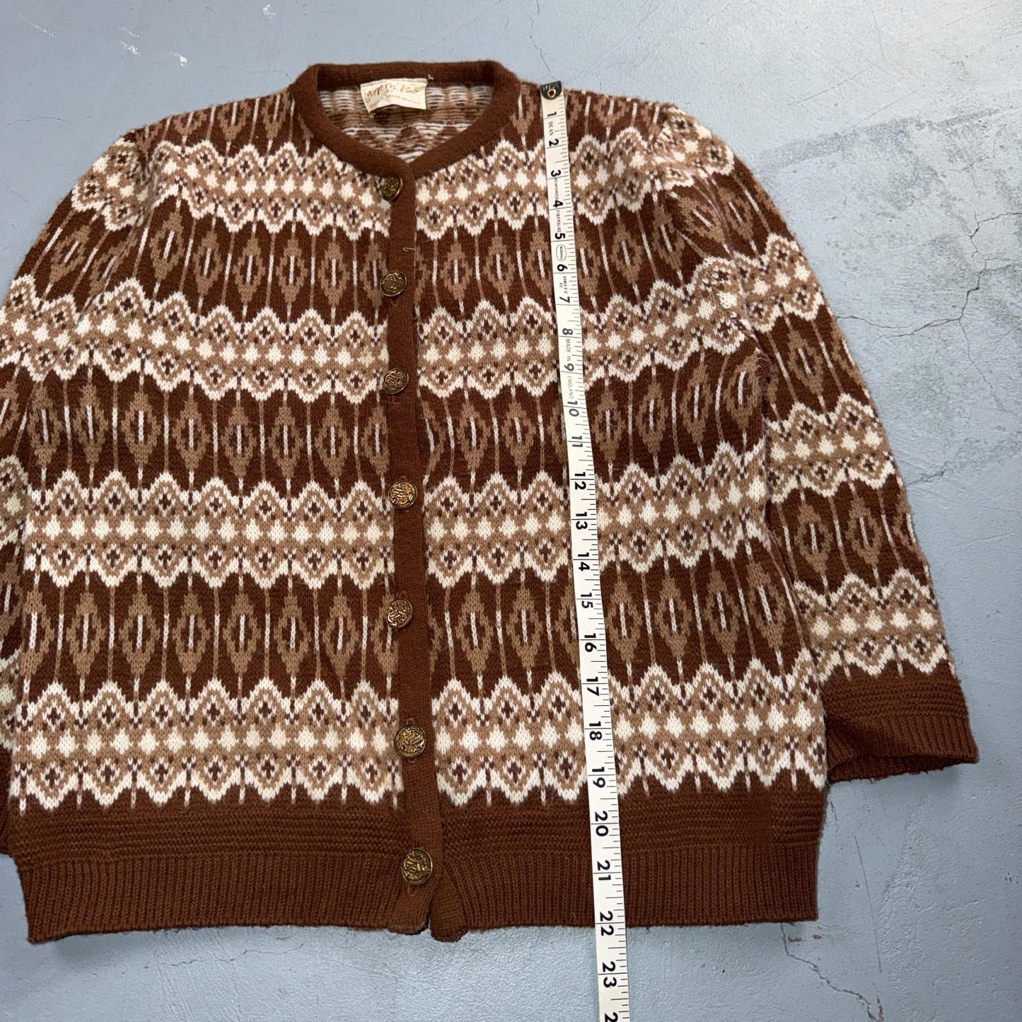 VTG 80s Mello Knit Acrylic Knitwear Womens Cardigan Orlon Brown Aztec Boho Chic
