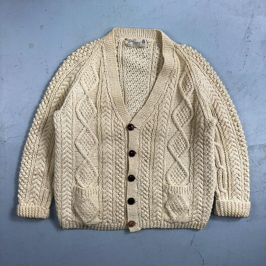 Heron Garment VTG 1970s Thick Ivory Pure Wool Cabled Cardigan Sweater 70s