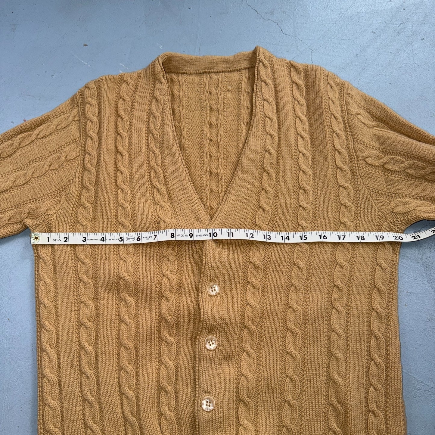 Vintage 1970s Wool Cardigan Sweater Mens M Button Up Beige Tan 70s Fisherman