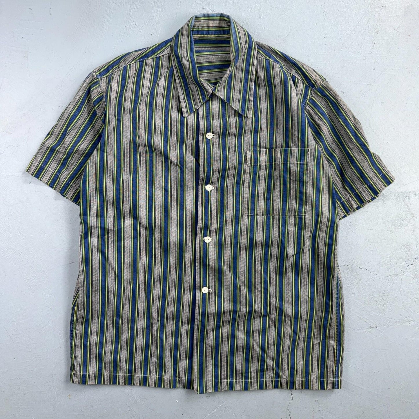 Vintage 50s 60s Striped Bowling Shirt Size M Rockabilly Loop Collar Handmade