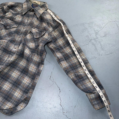 Pendleton VTG 100% Virgin Wool Western Plaid Shirt Pearl Snap Gray High Grade