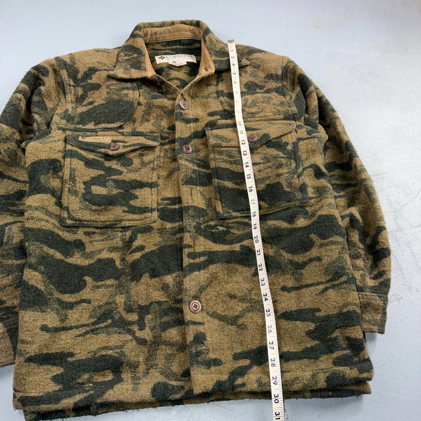 Columbia Gallatin Range Wool Blend Jacket Outfitter Brown Camo M Missing Buttons