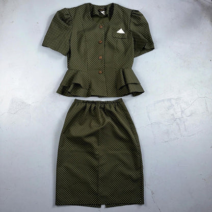 REINA 1970s Women Green Floral Dress Outfit Party Sz 12 VTG 2Pc Set Polka Dot